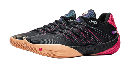 Low basketball shoe side view: black knit upper, pink heel, gum sole, lace-up.