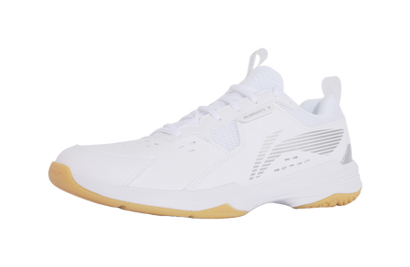 Li-Ning badminton shoe, white low-top with lace-up closure and gum outsole