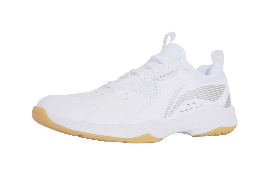 Li-Ning badminton shoe, white low-top with lace-up closure and gum outsole