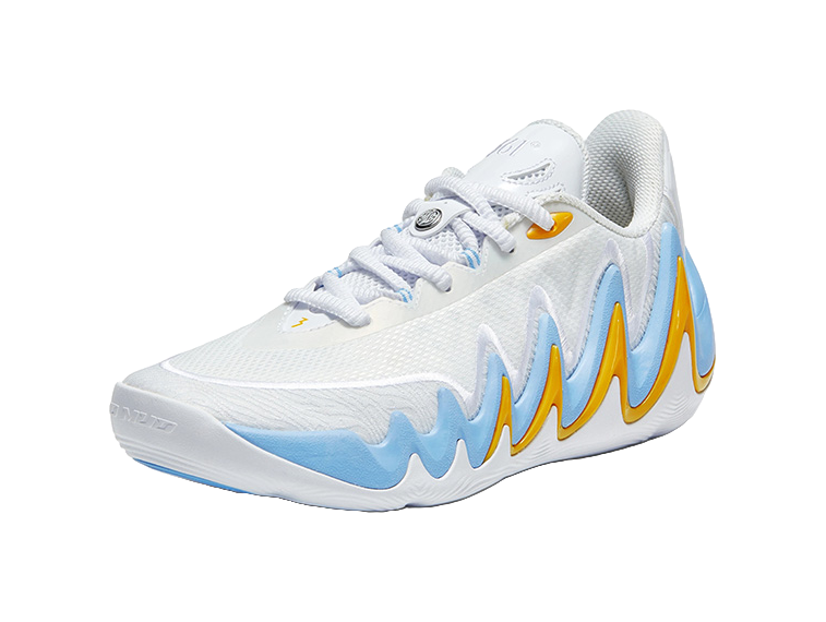 Men's low-top basketball shoes, white upper with blue sole and yellow logo detail