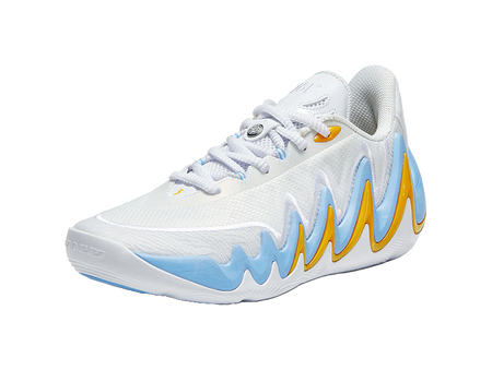 Men's low-top basketball shoes, white upper with blue sole and yellow logo detail