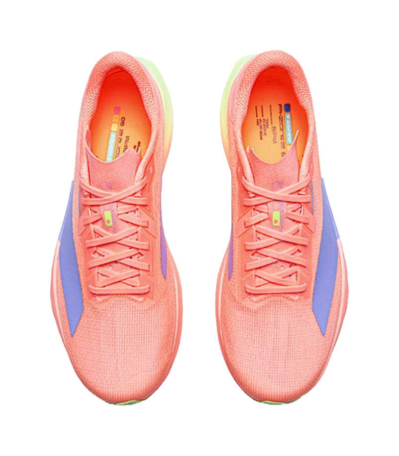 Unisex running shoe front view, orange laces and mesh upper with blue accents