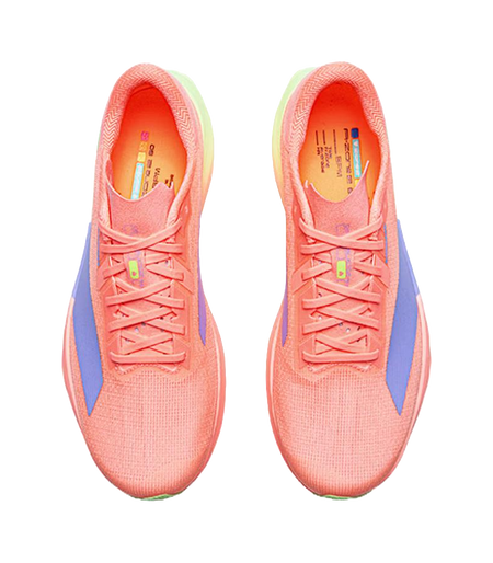 Unisex running shoe front view, orange laces and mesh upper with blue accents