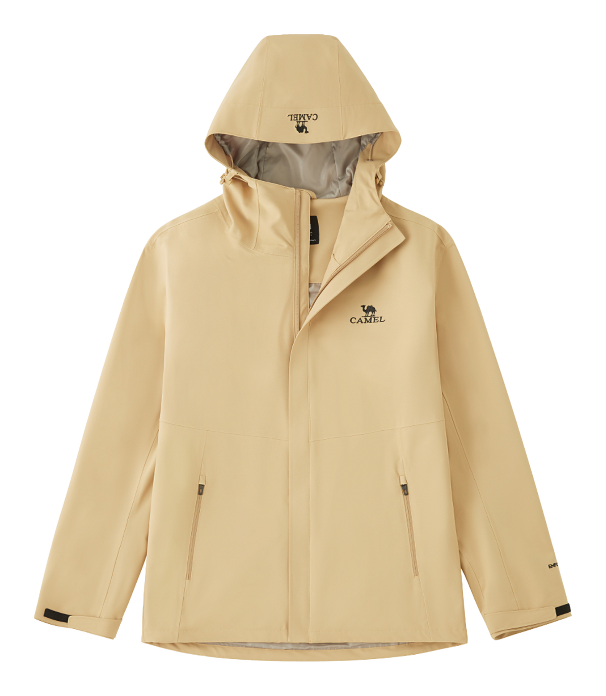 Unisex tan hooded windbreaker jacket with front zipper and side pockets