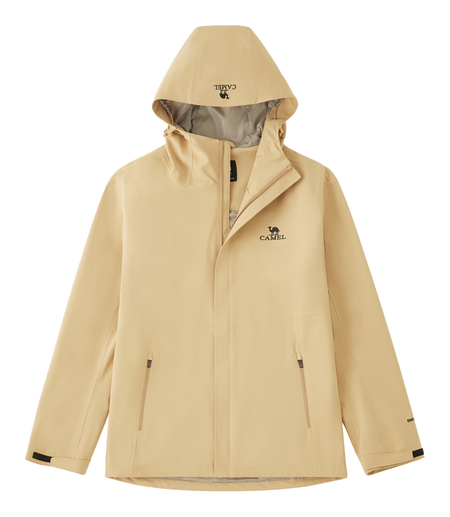 Unisex tan hooded windbreaker jacket with front zipper and side pockets