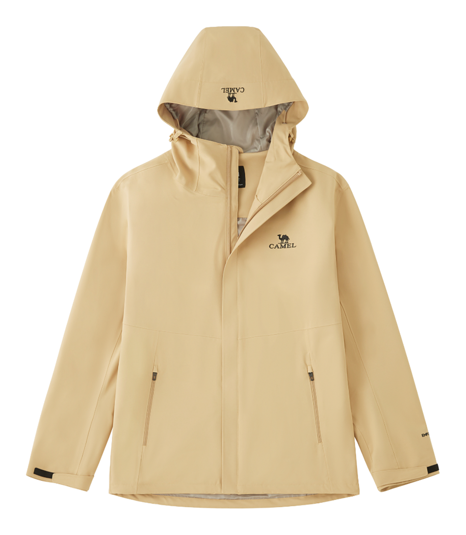 Unisex tan hooded windbreaker jacket with front zipper and side pockets