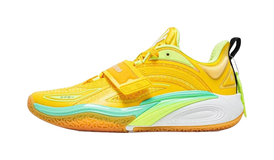 Neon yellow basketball shoe with teal sole trim and lime accents, lace-up.