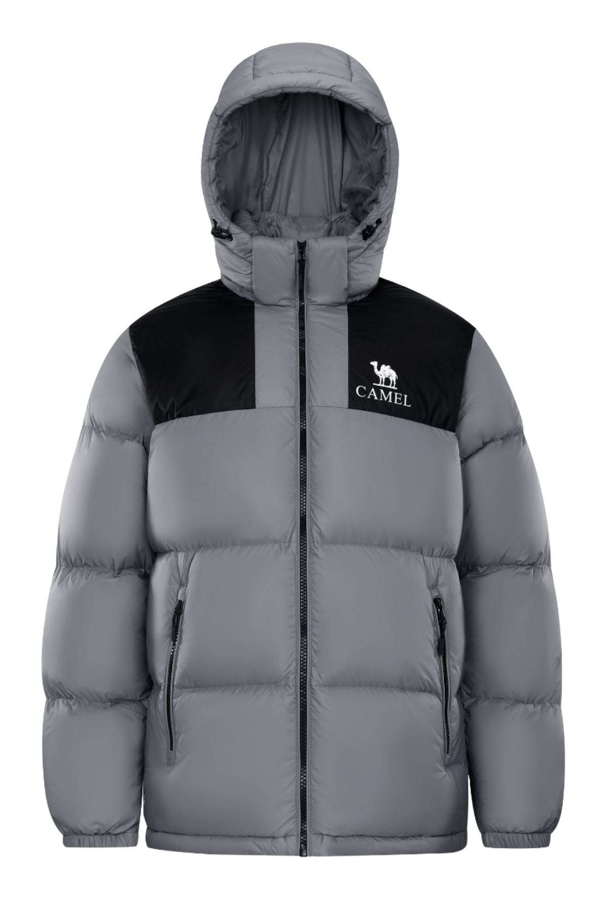 Unisex hooded puffer down jacket in light gray with black chest panel and front zipper