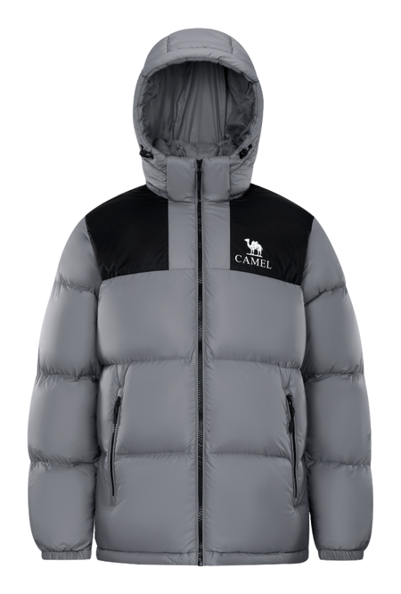 Unisex hooded puffer down jacket in light gray with black chest panel and front zipper