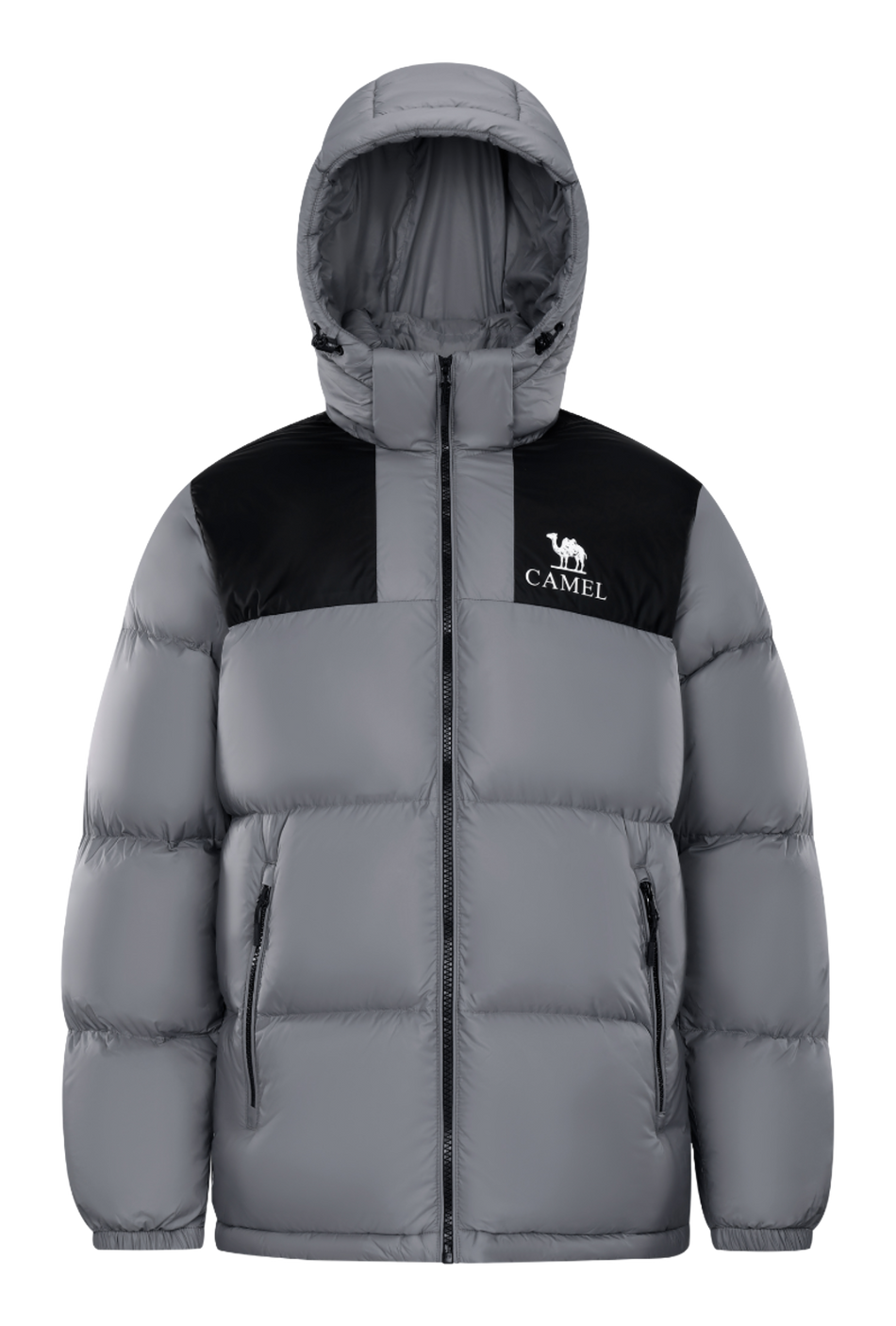 Unisex hooded puffer down jacket in light gray with black chest panel and front zipper