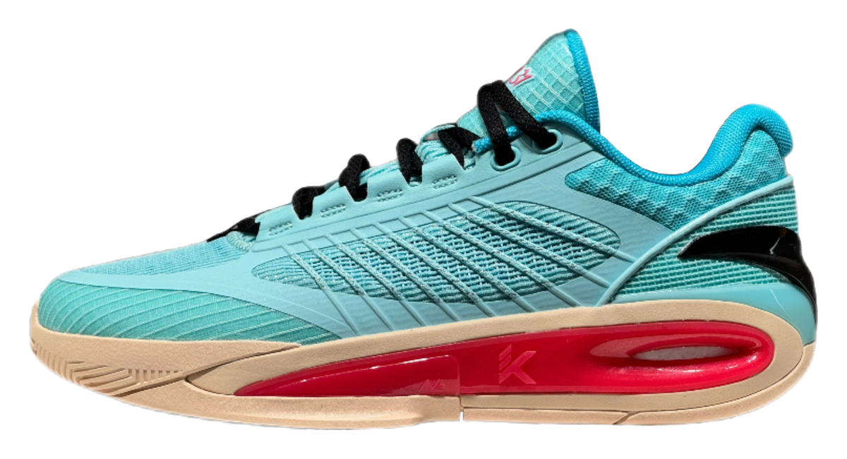 Turquoise low-top basketball shoe with black laces and red air-cushioned sole