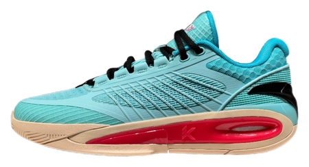 Turquoise low-top basketball shoe with black laces and red air-cushioned sole