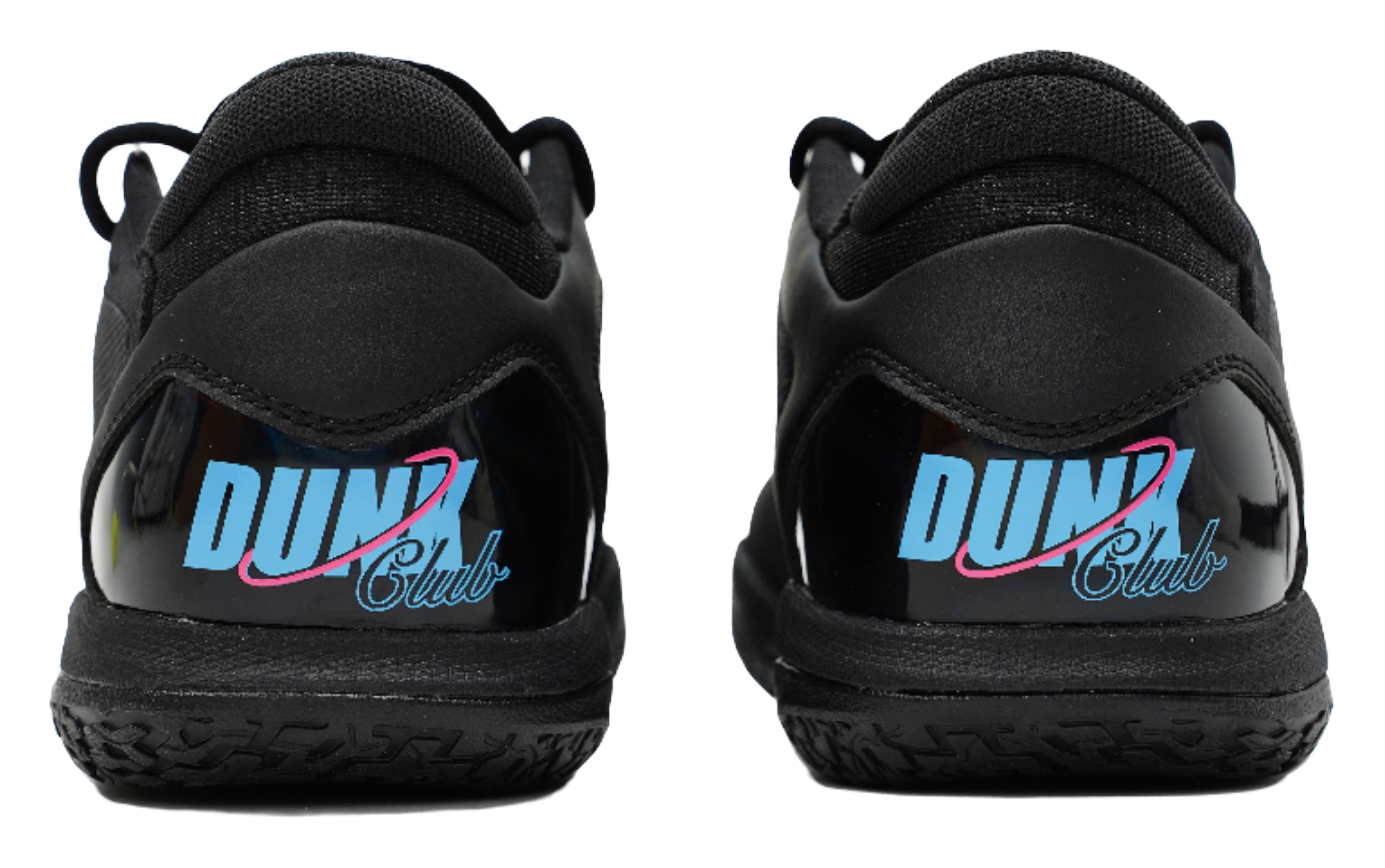 Black low-top basketball shoes with blue heel logo and pink trim detail.