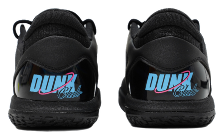Black low-top basketball shoes with blue heel logo and pink trim detail.