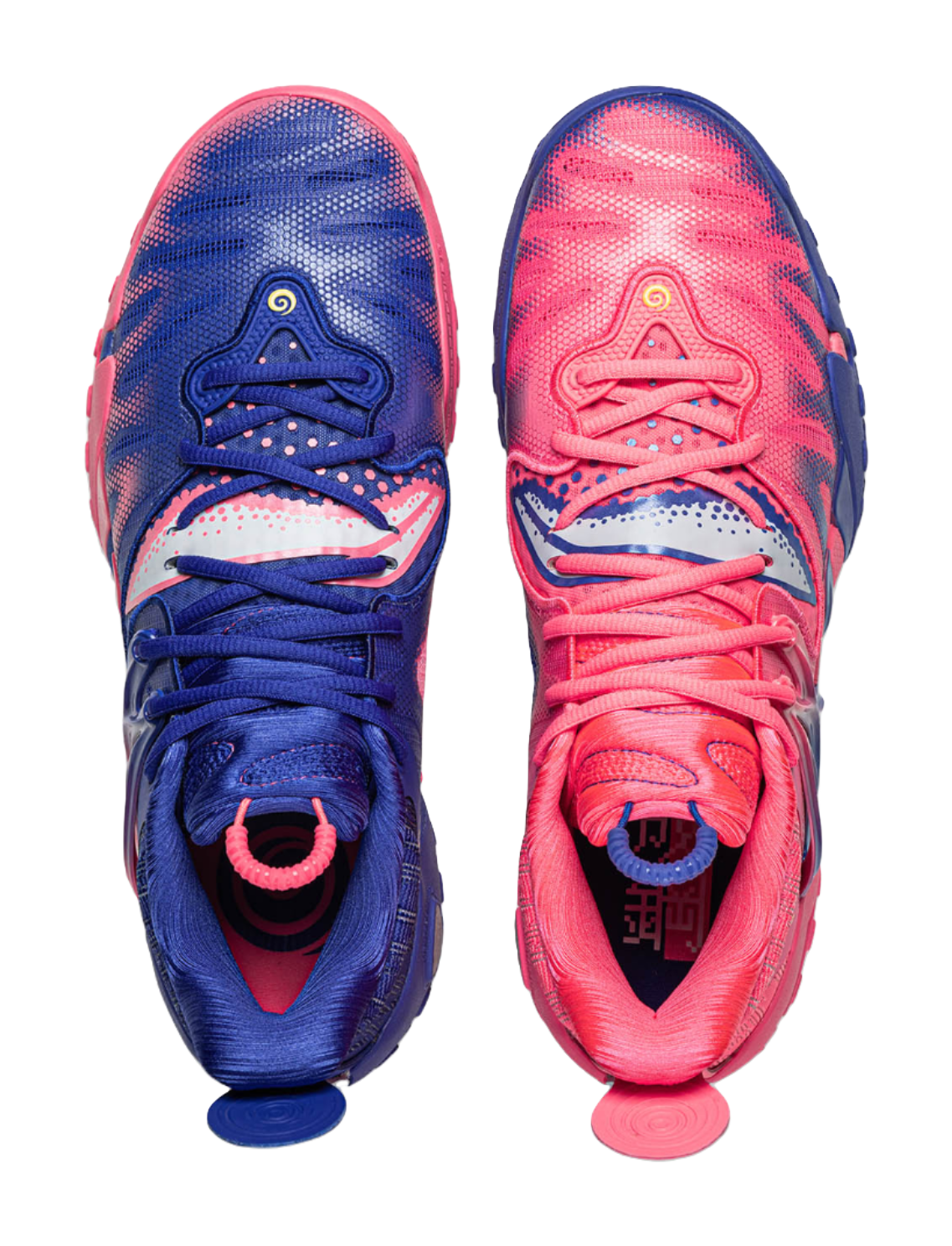 Unisex mid-top basketball shoes showing tongues and laces, blue and pink