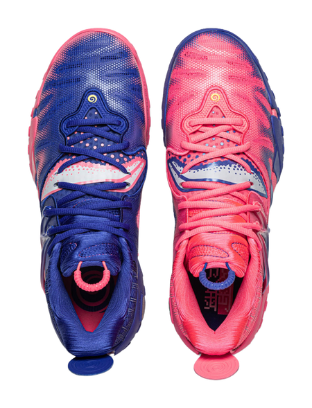 Unisex mid-top basketball shoes showing tongues and laces, blue and pink