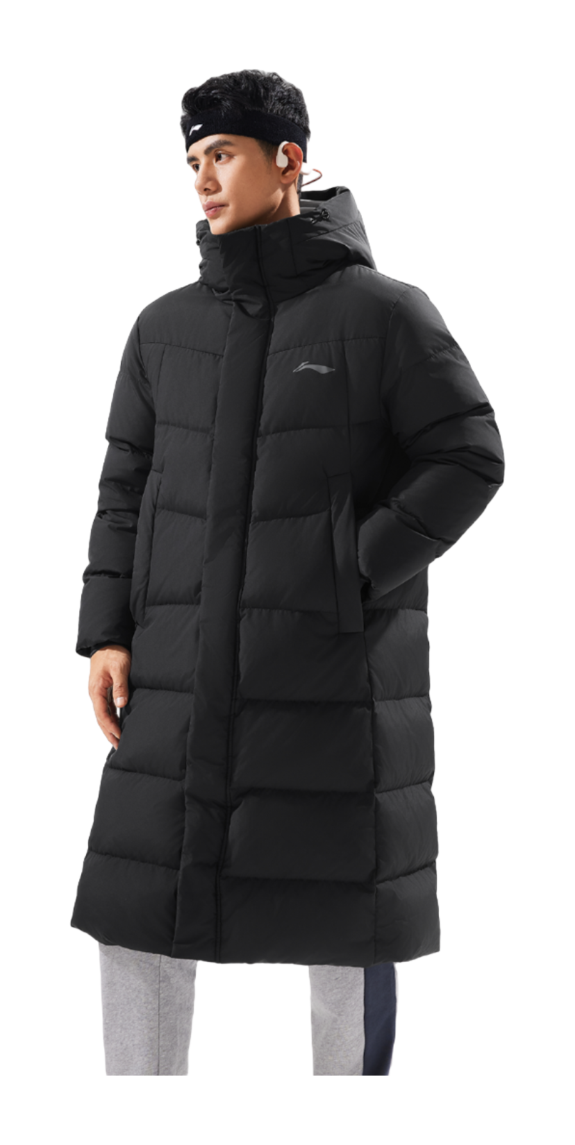 Men's black long puffer down jacket with hood, front zipper, and side pocket