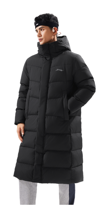 Men's black long puffer down jacket with hood, front zipper, and side pocket