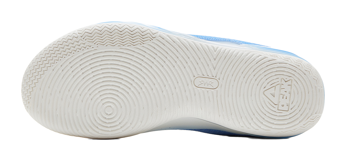 White basketball shoe outsole with zigzag tread and circular logo marks