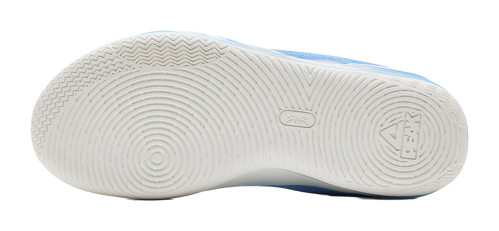 White basketball shoe outsole with zigzag tread and circular logo marks