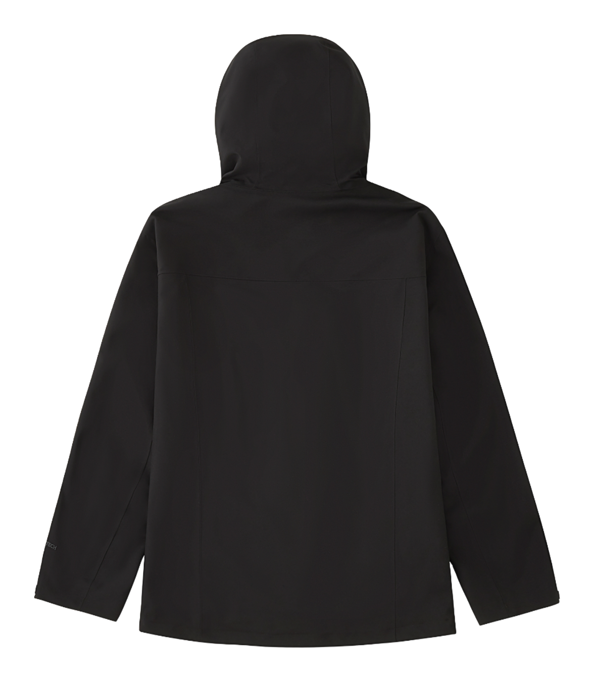 Black hooded windbreaker jacket with back view and slight panel seams