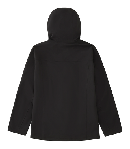 Black hooded windbreaker jacket with back view and slight panel seams