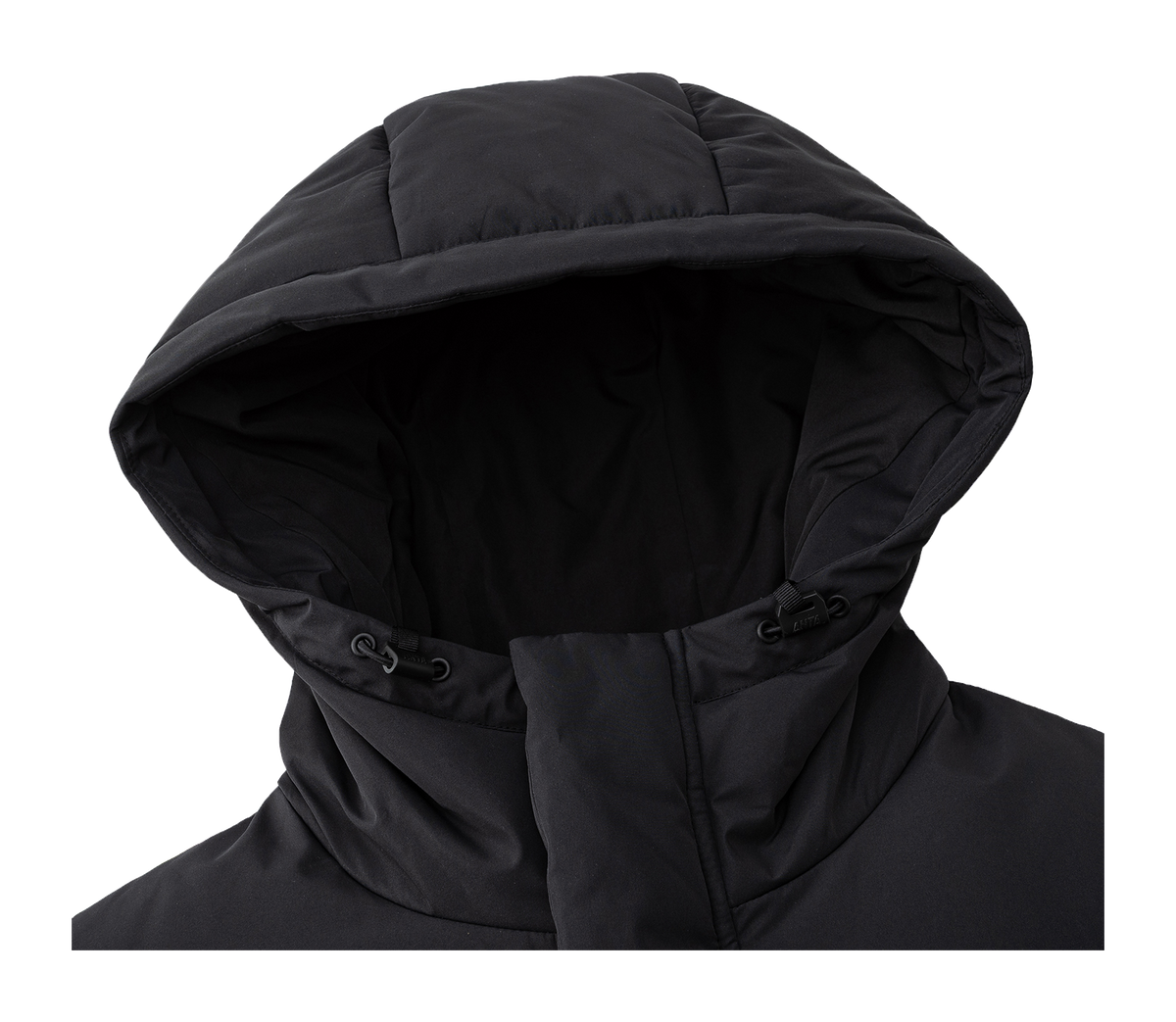 Men's black down jacket hood and drawcord with interior lining visible