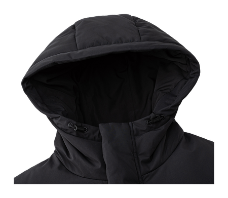 Men's black down jacket hood and drawcord with interior lining visible