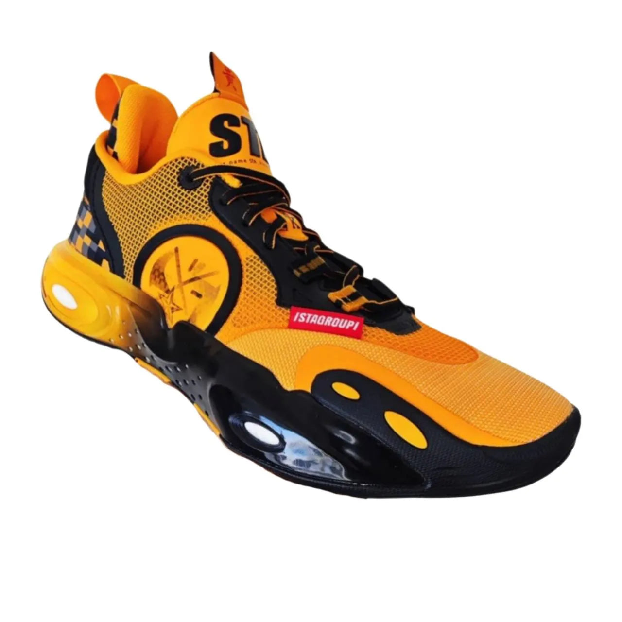Li-Ning basketball shoe, yellow-orange upper, black toe cap, padded collar, lace-up