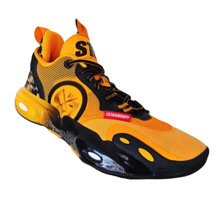 Li-Ning basketball shoe, yellow-orange upper, black toe cap, padded collar, lace-up
