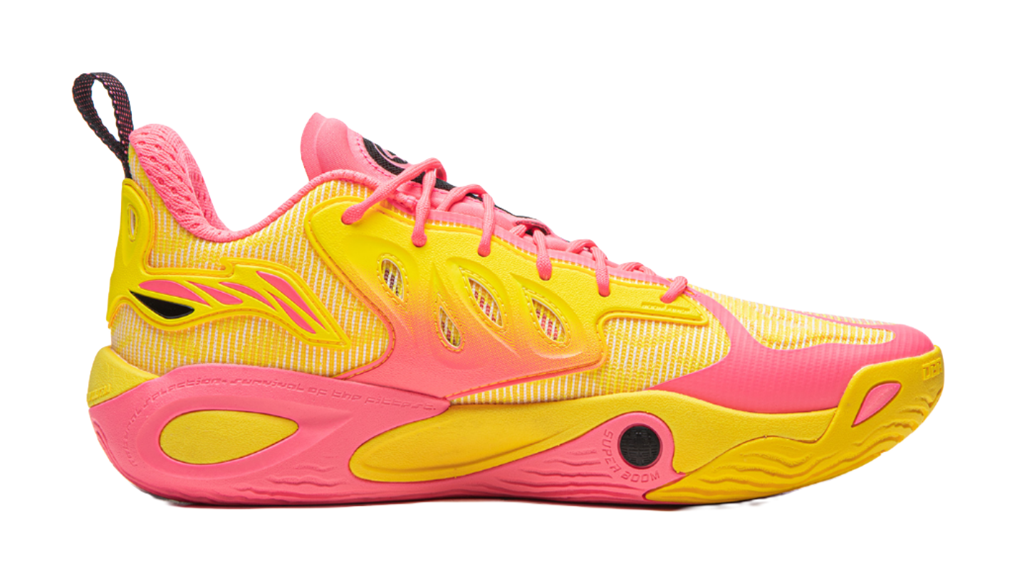 Unisex basketball shoe side view, yellow mesh upper with pink laces and outsole