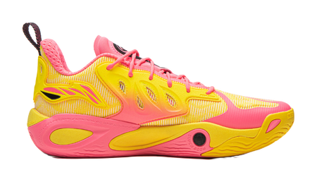 Unisex basketball shoe side view, yellow mesh upper with pink laces and outsole