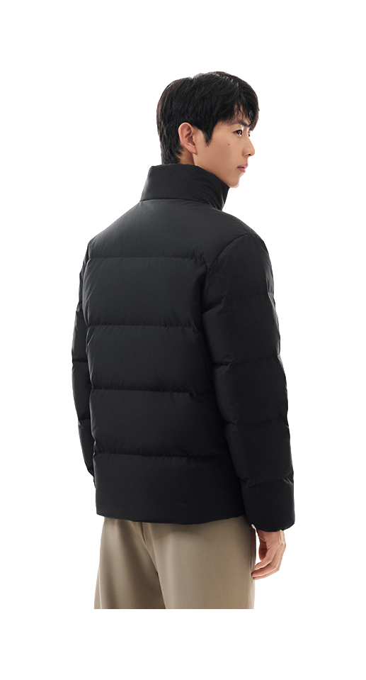 Men's black puffer down jacket on model, side and back profile with quilted panels