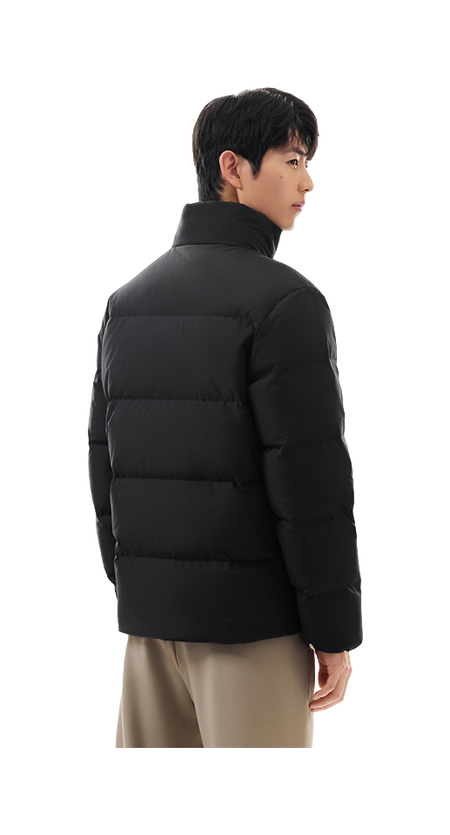 Men's black puffer down jacket on model, side and back profile with quilted panels