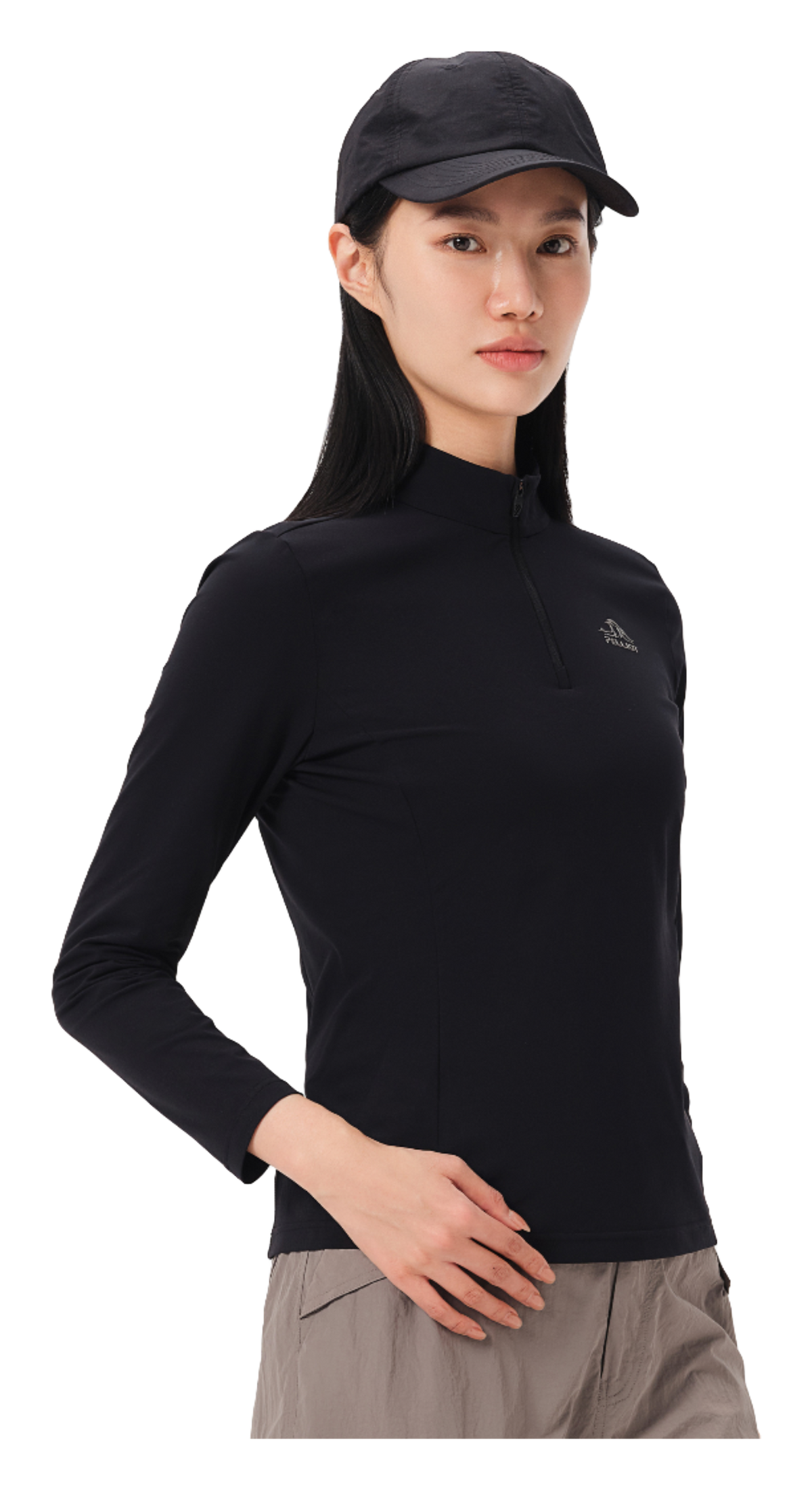 Boxi and PELLIOT outdoor sports antibacterial fabric, quick drying, comfortable, soft, wrinkle resistant stand collar, slim fit, hiking, hiking, running, breathable, fashionable, versatile, long sleeved hoodie, base coat, T-shirt for women  vjsneaker.com