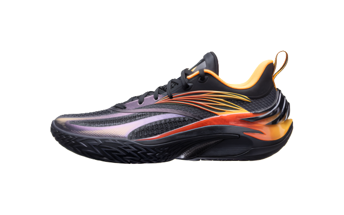 Black basketball shoe with orange and yellow wave overlays, purple midfoot stripe