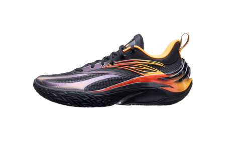 Black basketball shoe with orange and yellow wave overlays, purple midfoot stripe