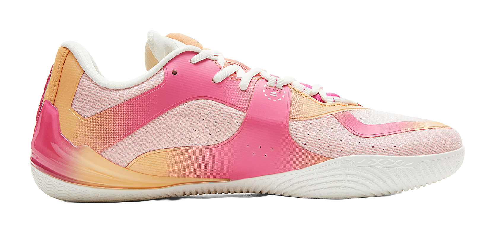 Pink basketball shoe side view, white laces, white sole, orange heel panel