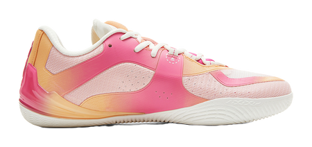 Pink basketball shoe side view, white laces, white sole, orange heel panel