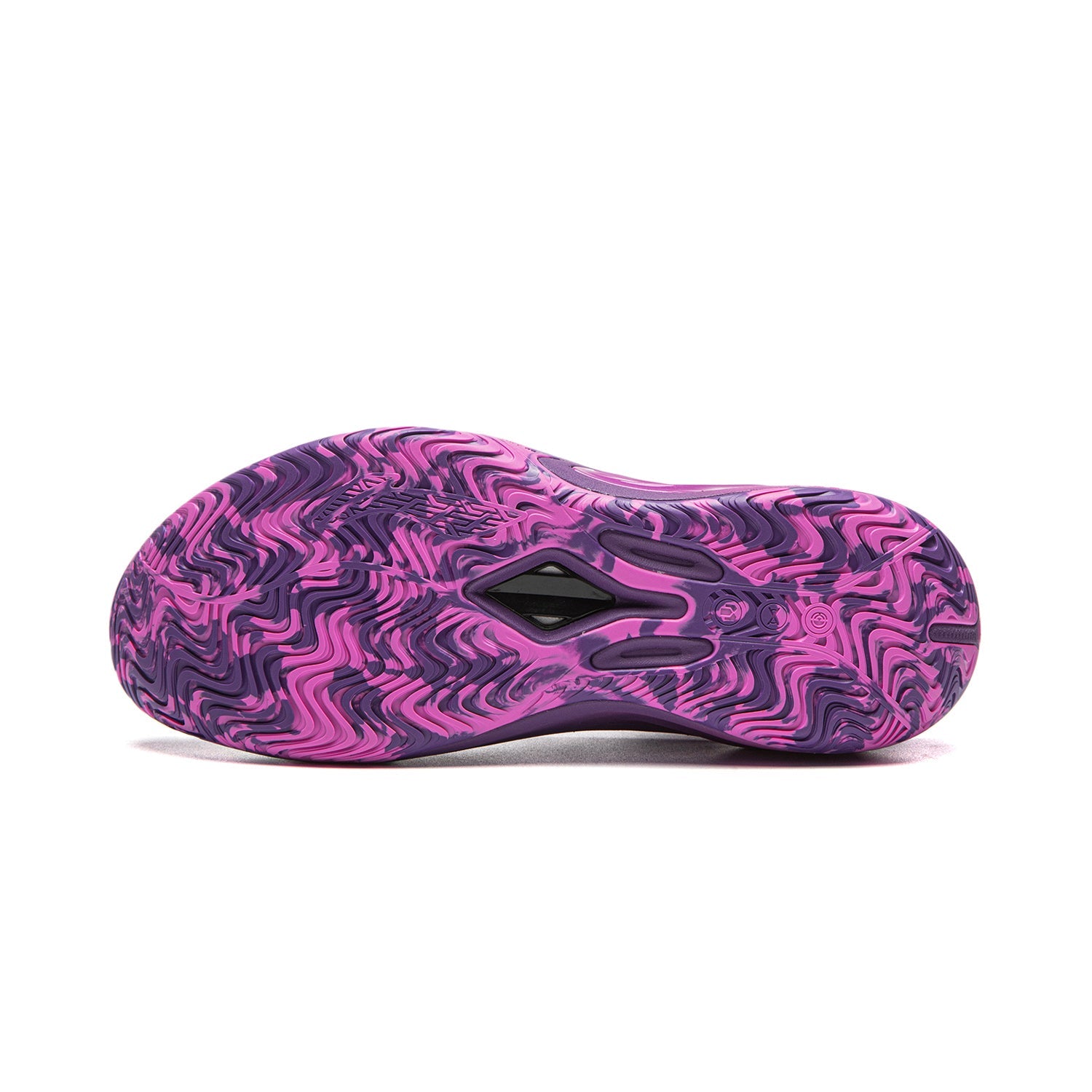 Men's basketball shoe outsole with purple tread and pink swirl pattern