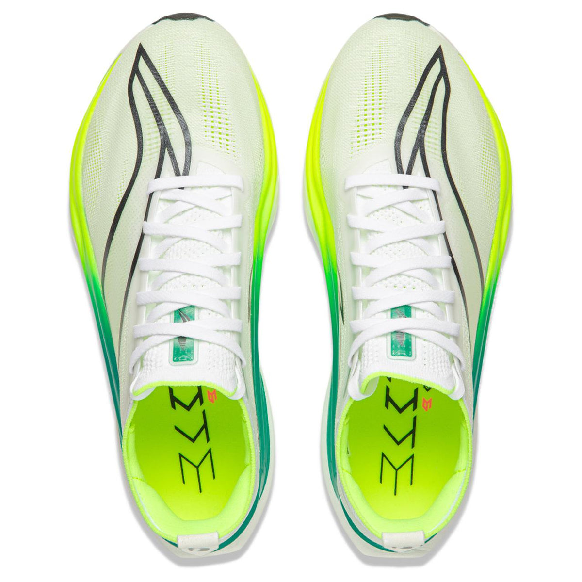 Pair of white racing shoes with neon green lining, lace-up upper.