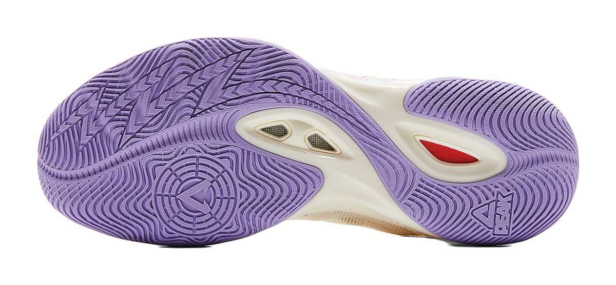 PEAK basketball shoe outsole, purple traction tread with rear logo panel