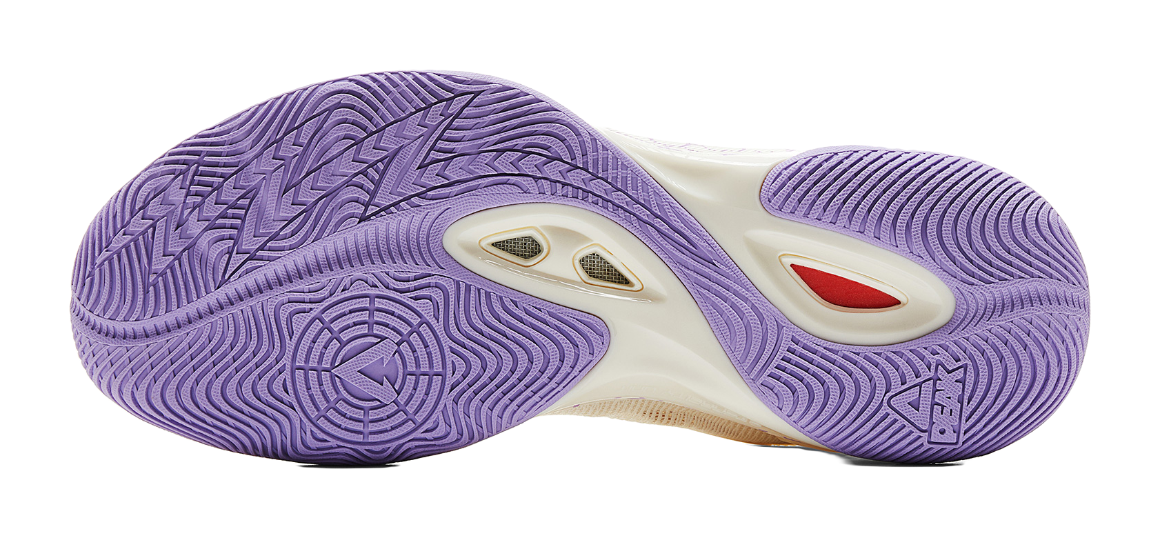 PEAK basketball shoe outsole, purple traction tread with rear logo panel