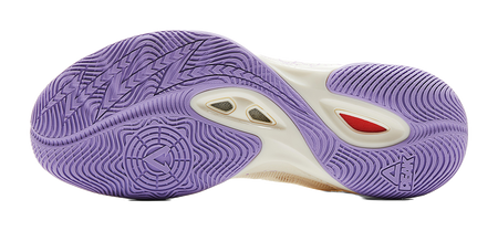 PEAK basketball shoe outsole, purple traction tread with rear logo panel