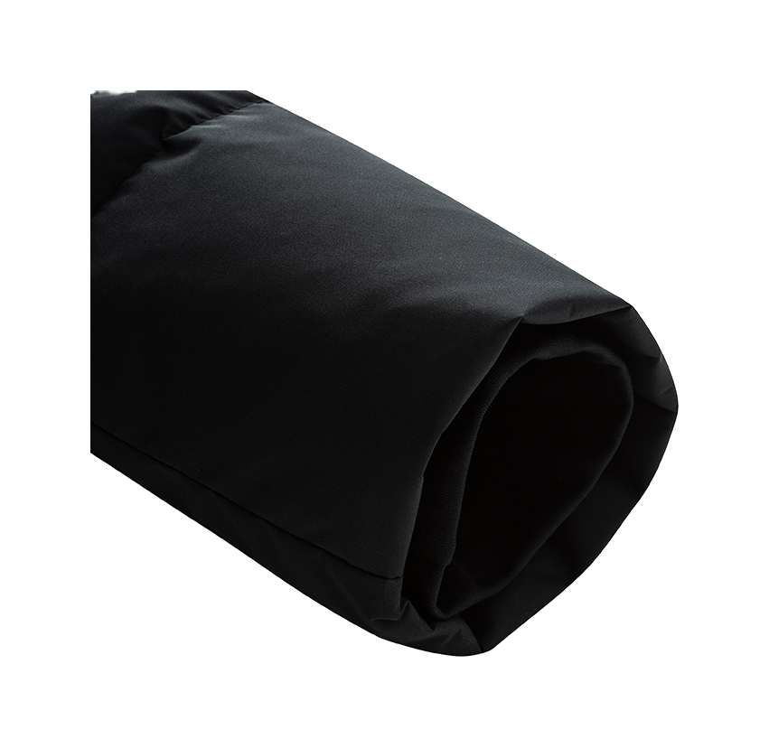 Men's black down jacket sleeve and side seam, padded puffer quilting