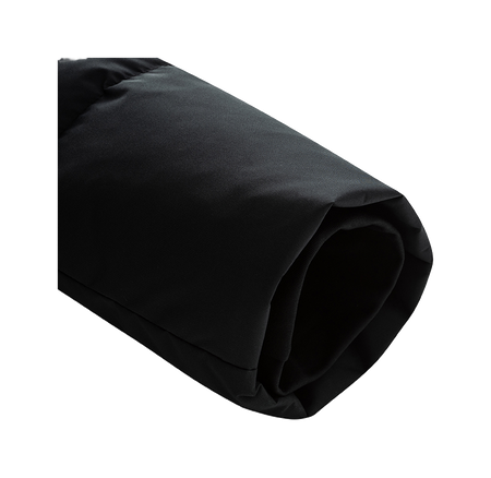 Men's black down jacket sleeve and side seam, padded puffer quilting