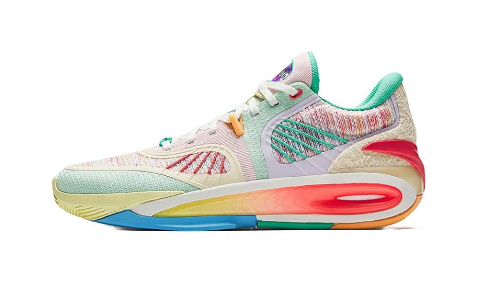 Green basketball shoe with knit upper, multicolor swoosh, and red-blue visible midsole