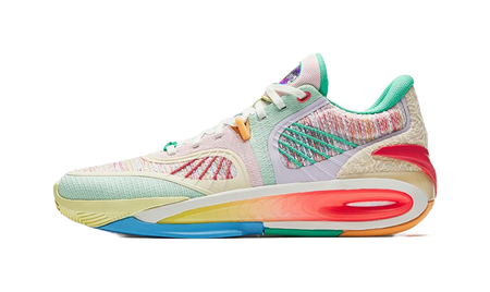 Green basketball shoe with knit upper, multicolor swoosh, and red-blue visible midsole