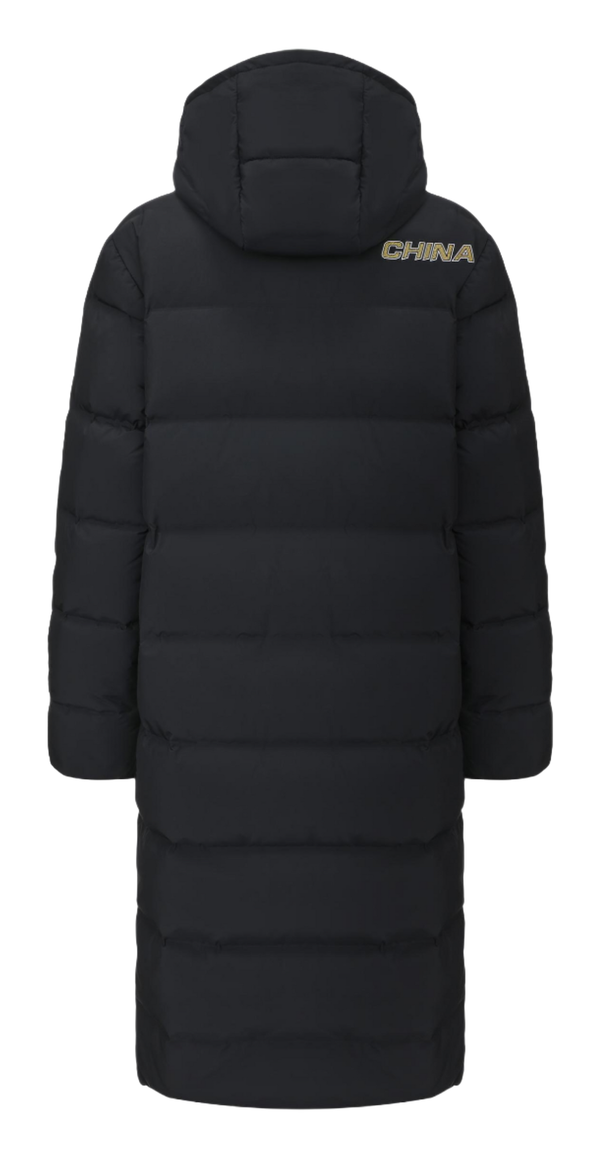Black long down jacket back view with hood and CHINA logo