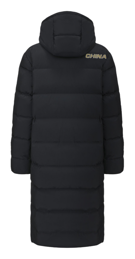 Black long down jacket back view with hood and CHINA logo
